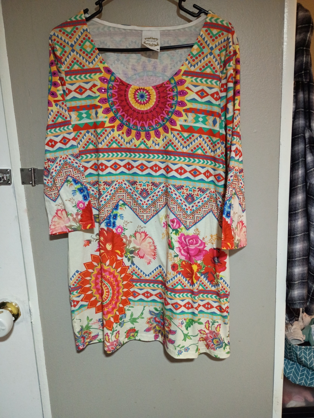 Floral Geo Scoop Neck Tunic in Cream with Bright Multicolor Print